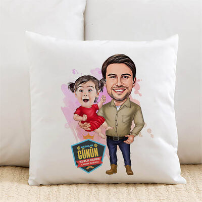 Yakışıklı Baba ve Kızı Karikatürlü Yastık - 1