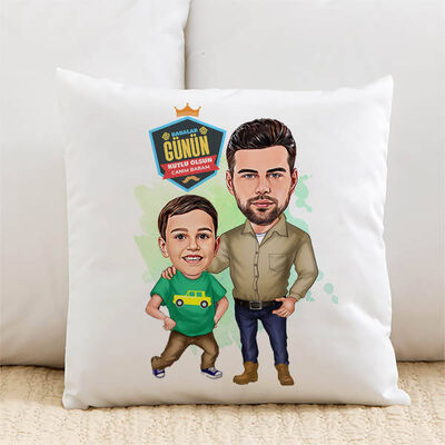Yakışıklı Baba ve Oğlu Karikatürlü Yastık - 1