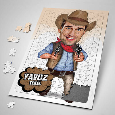 Yakışıklı Kovboy Karikatürlü Puzzle - 1