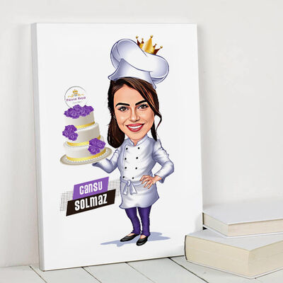 Yaş Pasta Taşıyan Aşçı Kadın Karikatürlü Kanvas Tablo - 1