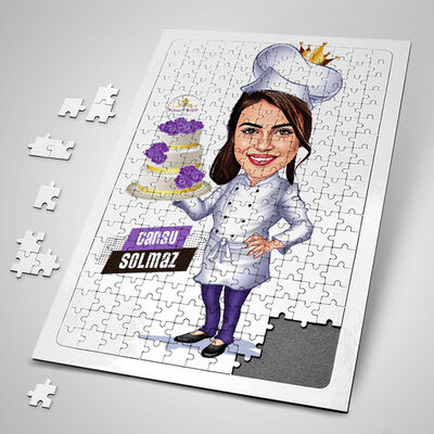 Yaş Pasta Taşıyan Aşçı Kadın Karikatürlü Puzzle - 1