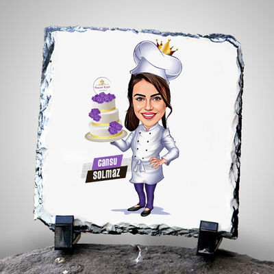 Yaş Pasta Taşıyan Aşçı Kadın Karikatürlü Taş Blok - 1