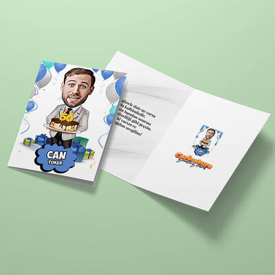 Yaş Pasta Üfleyen Erkek Karikatürlü Tebrik Kartı - 3