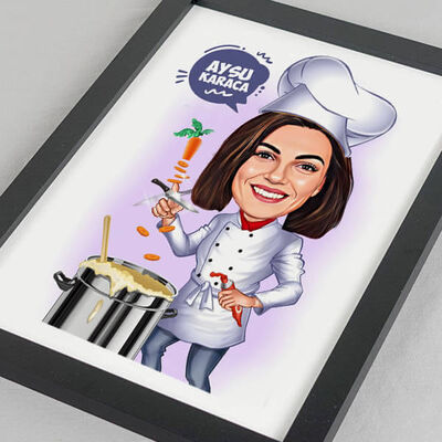 Yemek Yapan Kadın Karikatürlü Resim Çerçevesi - 1