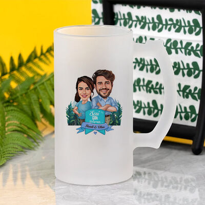 Yeşil Sever Aşıklar Karikatürlü Bira Bardağı - 2