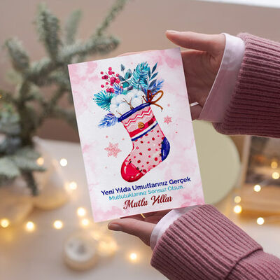 Yılbaşı Çorabı Mesajlı Kişiye Özel Kartpostal - 1