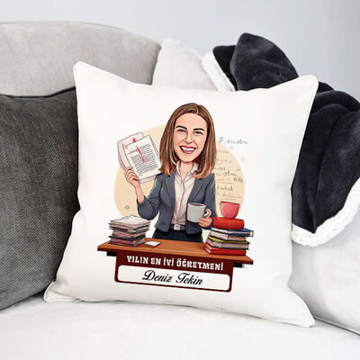 Yılın En İyi Kadın Öğretmeni Karikatürlü Yastık - 1