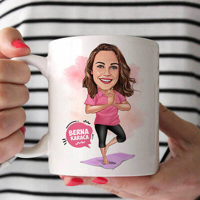 Yoga Yapan Kadın Karikatürlü Kupa Bardak - 1