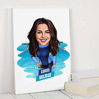 Yüzme Hocası Kadın Karikatürlü Kanvas Tablo - 1
