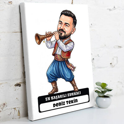 Zurnacı Müzisyen Erkek Karikatürlü Kanvas Tablo - 1